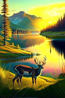 the foreground, a deer on a forest hillside overlooking a lake. Bathed in sunshine, with a lush green meadow, a winding river, and a towering mountain range in the distance. Warm sundown glow, golden hour. Ultra-detailed, with every blade of grass and every leaf rendered in perfect clarity. The colors are vibrant and saturated, with a dreamy, ethereal quality. Stained glass effect. Modifiers: photorealistic award winning cinematic postprocessing watercolor Ink drawing Steve Hanks Nicoletta Cecc