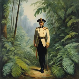 [art by Lucien Rousselot] in the jungle: Le Lieutenant de vaisseau Chatelaine, (ferns on the foreground) Aide de Camp de S. A. I. Monseigneur le Grand-Duc Alexandre Mikhailovitch («Stolnik»; epoque du Tsar Alexis Mikhailovitch)