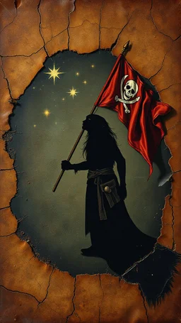 A poster made out of old leather cover and cracks , Bosch painting style, a shadow of creature with flag of pirates in hand looking up to the stars