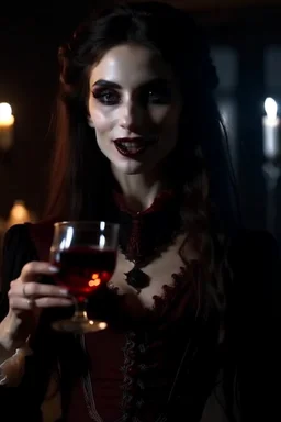 4k full details full lights femme vampire, yeux rouges, longues canines dentaires de vampires visibles, tient un verre de vin en main avec du sang, style victorien