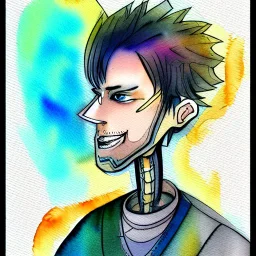 Male cypebpunk character connected to AI exploring other AI - Watercolour and Watercolour Painted Style - Jenny Rainey Style