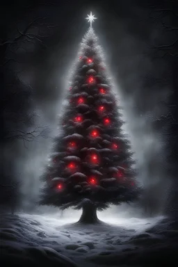 a beautiful illuminated silver and white light Christmas tree stands in a dark room, dark shadows behind it, and small evil red eyes shining behind it in the dark, scary atmosphere, little glimmering light, snow falling on the window, dark, deep colors, small details, surreal, thriller cinematic, masterpiece, intricate details