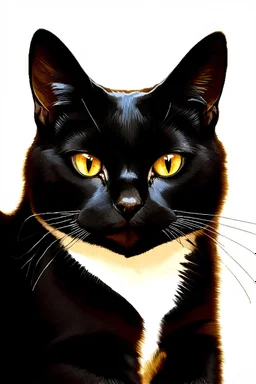 prompt: A painting that pays homage to the elegance and animal grace of a common black house cat, but also to its stealth and quickness as a dangerous predator, as demonstrated in its presence and seen in its eyes. golden intense eyes, shiny black fur