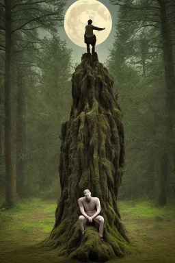 foto de costas, homem solitário na floresta, sentado em um rosto de estátua gigante, noite lua cheia