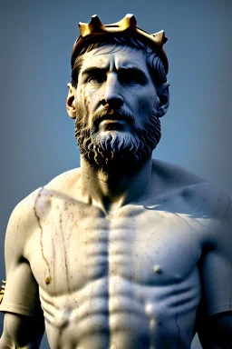 Ultra Realistic image, Roman sculpture, white marble material, Lionel Messi, gold crown of natural thorns, god crown, Renaissance style, sun rays background, waist up portrait, epic, celestial, cinematic lighting, God lights, 4k resolution, smooth details, soft lighting, unreal engine 5, art station, substance 3d.