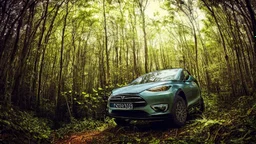 A Tesla's 'Model S Plaid' is racing at top speed, across a jungle of the Jurassic Period. CINEMATIC. WIDE ANGLE LENS. PHOTO REAL.