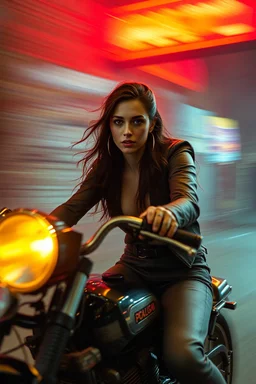motion blur cyberpunk young biker Jennifer Connelly painted by Rembrandt and Titian and Giger