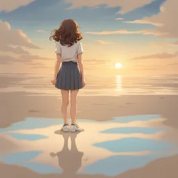 1girl, solo, skirt, brown hair, shirt, standing, short sleeves, outdoors, sky, cloud, water, from behind, shadow, ocean, beach, arms behind back, white footwear, cloudy sky, curly hair, sunset, sand, horizon, footprints, Contemplate a cloud in the sky that contains the text Noor