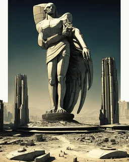 view of a futuristic the permanent in a post atomic catastrophic way, with lots of buildings in ruins, but still with the the status of phoenix" statue in Egypt intact