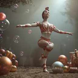 Ultra realistic circus scene. Classic acrobat woman, waist up view, Wes Anderson style, happy, bubbles, highly detailed, concept art, unreal engine 5, god rays, ray tracing, RTX, lumen lighting, ultra detail, volumetric lighting, 3d, finely drawn, high definition, high resolution.