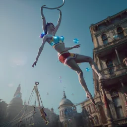 Ultra realistic circus scene. Classic acrobat woman, waist up view, Wes Anderson style, happy, bubbles, highly detailed, concept art, unreal engine 5, god rays, ray tracing, RTX, lumen lighting, ultra detail, volumetric lighting, 3d, finely drawn, high definition, high resolution.