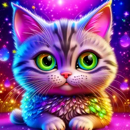 Lisa frank inspired realistic cute kitten with planet-like big eyeballs that are taking up more than half its face and lots of glitter and sparkles and super happy with a big smile with sparkles fat and fluffy body small body big head more sparkles