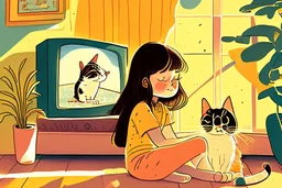 brunette girl watching tv with a cat, children's book illustration in style of Brigette Barrager, Sven Nordqvist and Nicole Rubel in sunshine