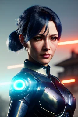 Middle age female Cyborg anime warrior, dark blue hair, gray hair, ponytail hairstyle, orange eyes, waist up portrait,4k resolution, intricate details, ornate details, soft lighting, vibrant colors, retroanime, masterpiece, intricate eyeliner, dark eyeshadow, futuristic cityscape background