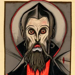 Vampire with yellow eyes with fleshy tentacle beard grey skin and vampire fangs and vampire bat nose as a Russian Orthodox