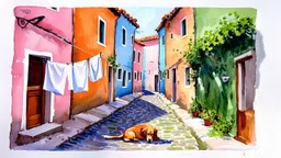A watercolor painting depicts a narrow alleyway in a European village, possibly Italy, with brightly colored buildings lining both sides. Laundry hangs on a clothesline strung across the alley, adding a touch of domesticity to the scene. The buildings are painted in vibrant hues of pink, orange, blue, and green, with terracotta roofs. The cobblestone ground is rendered with loose brushstrokes, giving a sense of texture and depth. A small dog sleeps peacefully in the foreground, adding a charming