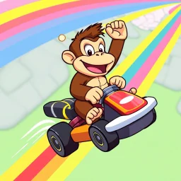 vector Cartoon Donkey Kong riding a rainbow in a kart
