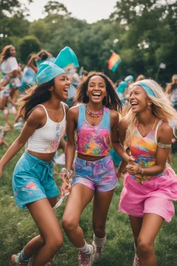 Amidst the pulsating energy of the iconic music festival, the girls fully immerse themselves in the vibrant atmosphere. Their exploration of the grounds, marked by laughter and carefree attitudes, embodies the festival's spirit of freedom, unity, and boundless joy.