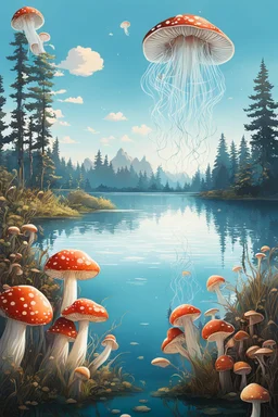 Landscape scene across a lake with mushrooms with jellyfish tentacles floating through a light blue clear sky