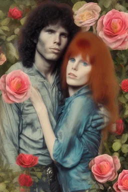 Jim Morrison and Pamela Courson ,music, ignoreNSFW, watermark, bohemian style , blurry,beautiful,elegant,roses, fantasy by anni dittman