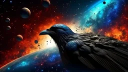 Crow in a space an the background of planets,