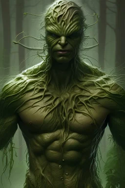 Swamp Thing, character, physically fit, scars, dark hair, dark eyeshadow,black eyes, soft round eyes, 8k resolution, cinematic smooth, intricate details, vibrant colors, realistic details, masterpiece, oil on canvas, smokey background