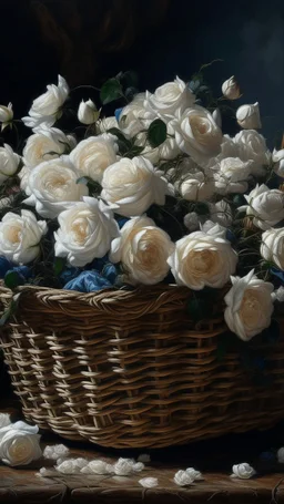 Bosch nightmares paining style Title:a basket full of colourful white roses , 8k artistic photography, photorealistic concept art, soft natural volumetric cinematic perfect light, chiaroscuro, award-winning photograph, masterpiece, oil on canvas, Raphael, Caravaggio, Greg Rutkowski, people, beksinski, Giger