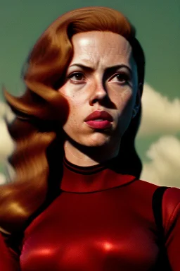 retro portrait image from 1960, sky background, wind, long red hair, fighting stance, sweet young Scarlett Johansson, black dress, classic long tight lycra black suit, gold bracelet and belt, high heel boots, superhero style, soft color, highly detailed, unreal engine 5, ray tracing, RTX, lumen lighting, ultra detail, volumetric lighting, 3d, finely drawn, high definition, high resolution.