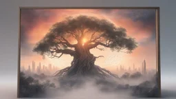 drawing on a cabinet 1.45 meters high and 34 meters wide, the last tree, city of the future year 4222, portal in space that's leads to the afterlife, and a beautiful sunset and galaxy's behind the fog, very realistic, 4K