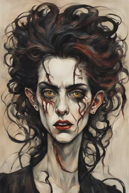 Painting of a deranged and twisted, Goth vampire girl, with highly detailed hair and facial features in the Expressionist style of Egon Schiele, Oskar Kokoschka, and Franz Marc, in muted natural colors