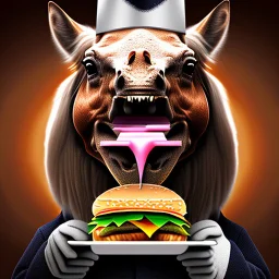 A horse eating a hamburger.