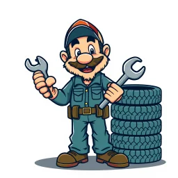 retro cartoon company mascot of a vehicle mechanic with a hint of forest ranger, holding a torque-wrench and next to a stack of tires