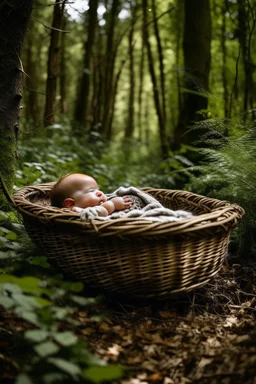 A baby sleeping in a basket in the middle of a forest