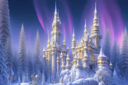  white and gold crystal castle，waterfall, winter snow flakessnow, northern Lights, full of details, smooth, bright sunshine，soft light atmosphere, light effect，vaporwave colorful, concept art, smooth, extremely sharp detail, finely tuned detail, ultra high definition, 8 k, unreal engine 5, ultra sharp focus