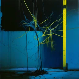 Minimal abstract oil painting of a blue neon plant in concrete warehouse brutalist architecture and hanging wires illuminated at night. With triadic yellow colours. In the style of Justin Mortimer and Phil Hale, Ashley Wood