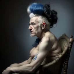 a detailed portrait of old man with a extravagant blue mohawk by edouard bisson, punk rock, oil painting, muted colors, soft lighting