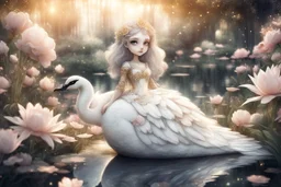 beautiful swan and cute chibi princess in a flowergarden with beautiful flowers, pond, in sunshine, H.R. Giger, anime, steampunk, surreal, watercolor and black in outlines, golden glitter, ethereal, cinematic postprocessing, bokeh, dof