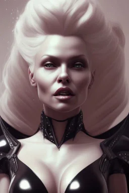 Pamela Anderson as evil queen in black leather, leather, busty, cleavage, angry, stern look. character design by cory loftis, fenghua zhong, ryohei hase, ismail inceoglu and ruan jia. unreal engine 5, artistic lighting, highly detailed, photorealistic, fantasy