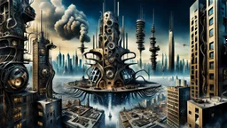a stunningly weird image of a futuristic metropolis using Salvador Dali's paranoiac-critical method, where buildings and structures appear to melt into the skyline cityscape is filled with floating mad, twisted sharp metal shapes that interact with the buildings and each other, forming a surreal tableau of a dreamlike reality. neu-steampunk vibe, essence of the scene in a cinematic manner, with dramatic shadows that enhance the distorted perspectives and bizarre
