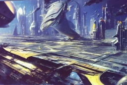 Spaceship starting from a Spaceport on a heavy industrialized planet, art by John Berkey, buildings with glass facades, insanely detailed, vibrant, 8k uhd, ultra-wide angle, street level view, brush strokes