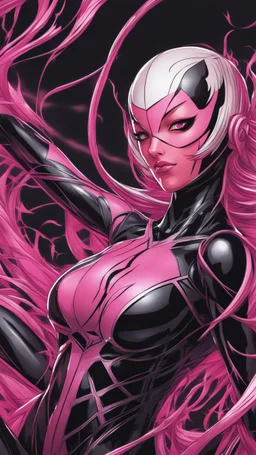 A close picture to Mix between gwenpool and symbiote, symbiote venom in background, pink and black custom, intricate details, highly detailedin in solo leveling shadow art style