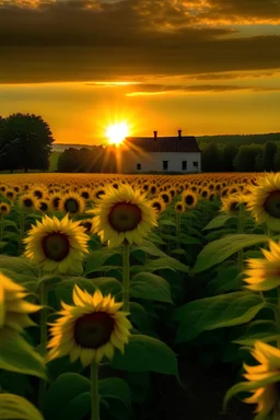 PAISAJE: UNA PLANTACION DE GIRASOLES, Y AL FONDO UNA CASITA CON LA PUESTA DEL SOL CON COLORES HERMOSOS.