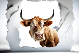 white,background,looking,through,a 3-d, broken,window,with,sharp,edges hole,watching,a,highland cow