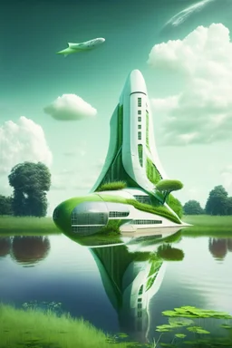 A building in the shape of a space shuttle, water and green spaces