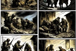 Masterpiece1:5)(Fineart), (award-winning:1.5), highest quality, war journalism, ink and colored pencil sketch of photocollage (by Gustave Doré, Jan Saudek:1.5),(Eastern Ukraine:(panel one:the moment after a battle ends, horrors of war, wounded men),(2nd panel, cinematic shot of men sitting in trench with 1000 yard stare (focus on their eyes:1.5)),(the third panel shows troops tired but hyper alert), (the fourth panel shows the sky is filled with incessant, fire and smoke everywhere,)