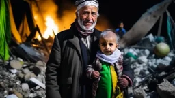 Palestinian old man wears the keffiyeh and the Palestinian dress Carrying a seven small child ,at winter , Destroyed Buildings , with a Explosions, at night