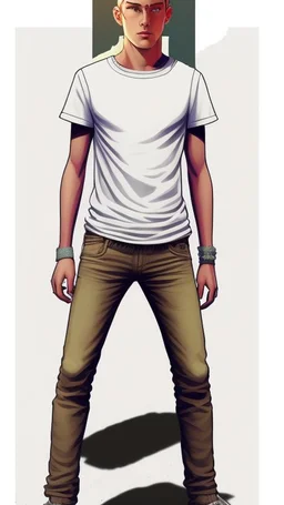 Teen man, blond hair, perfect face, style of tomer hanuka, jeans, white, t-shirt, pompadour