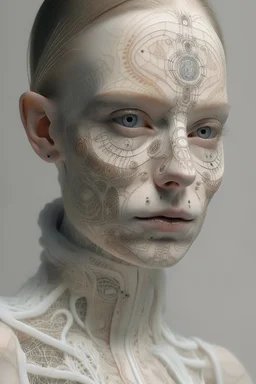 Portrait of a woman, creamy colors, robotic skin, embroidery on skin