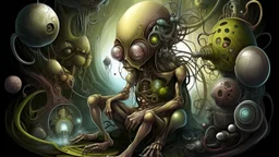 A surreal and fantastical image depicting a strange, humanoid creature with a large, bulbous head and distorted facial features, sitting in what appears to be a mechanical or technological device, surrounded by various abstract and organic elements. The overall style and composition suggest a dreamlike, imaginative, and unsettling atmosphere.