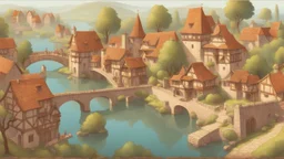 medieval village on a lake with bridges, people, balconies, trees